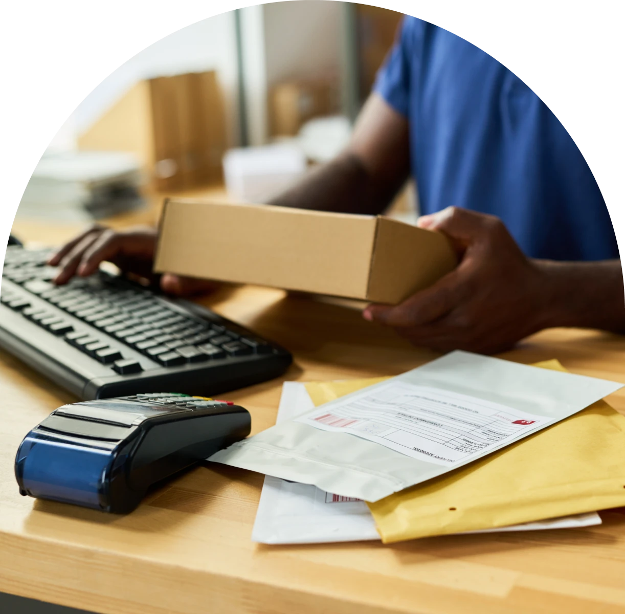 Person handling package at a desk.
