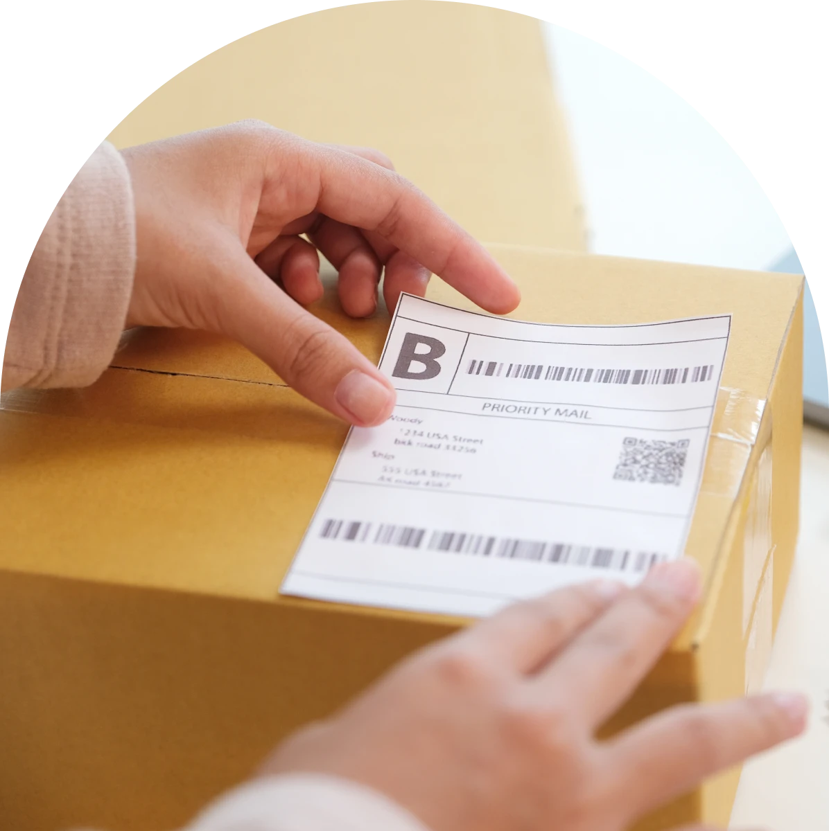 Hands placing label on brown package.